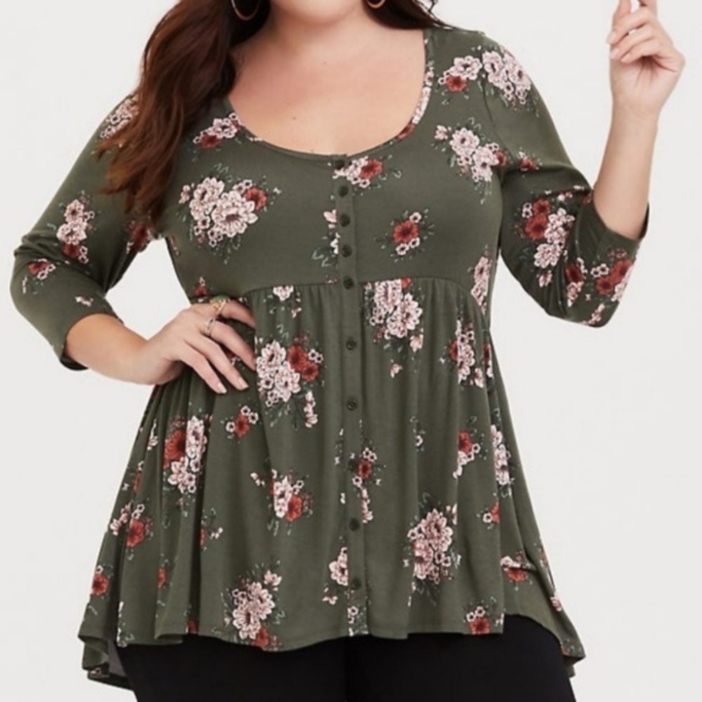 Super soft olive floral babydoll top